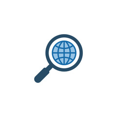 Magnifying glass with earth globe. Vector icon on white background.
