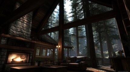 Obraz premium Cozy cabin living room with fireplace, forest view. Use Interior design inspiration