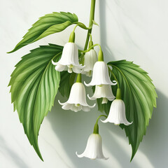Realistic botanical illustration of Lily of the Valley flower with detailed leaves and delicate white bell-shaped blossoms on a clean white background.