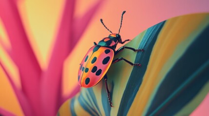A colorful spotted beetle rests on a striped tropical leaf