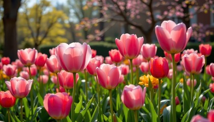 Fototapeta premium Vibrant Pink Tulips Blooming in a Sunlit Spring Garden with Soft Focus Background of Delicate Cherry Blossoms
