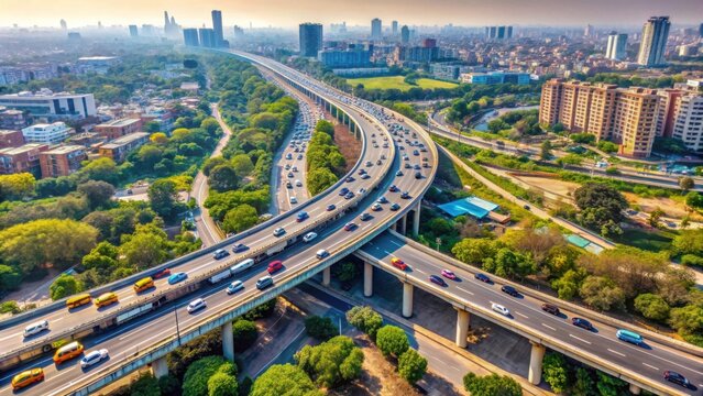 Aerial City View of Busy Highway Surrounded by Greenery and Urban Life