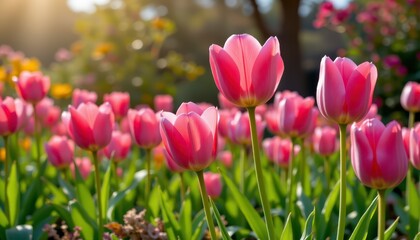 Fototapeta premium Vibrant Pink Tulips Blooming in a Sunny Spring Garden with a Soft Background of Blossoming Flowers and Lush Green Foliage
