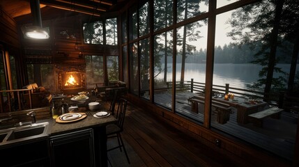 Fototapeta premium Cozy cabin interior with lake view, fire, and patio dining