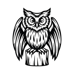 Striking Owl Perched on Tree Stump, Wings Spread, Intricate Black and White Silhouette