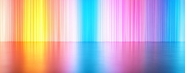 A futuristic passageway illuminated by neon lights features vibrant blue and orange geometric shapes