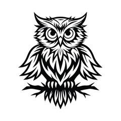 Stylized Black and White Owl Perched on Branch, Detailed Plumage & Sharp Eyes