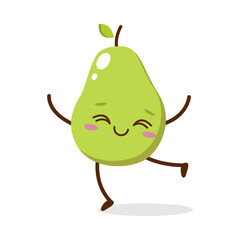 Cute green avocado cartoon character with happy face, showing a Joyful pose. Perfect for kids illustrations, healthy food designs, or educational materials. Isolated on white background with soft shad