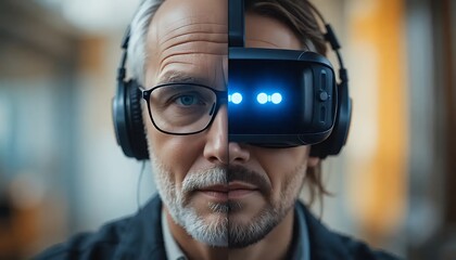 Man Experiencing Virtual Reality with Headset and Headphones