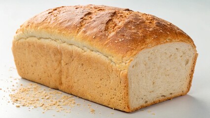 Whole Fresh Loaf of Bread with Crumbs on White Kitchen Table in Natural Light