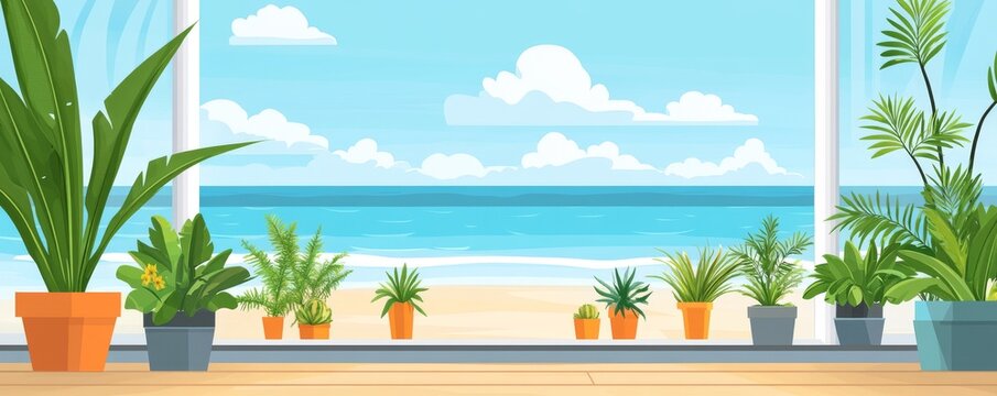 Fototapeta Serene beach sunset as seen from an open window depicted in pixel art illustration