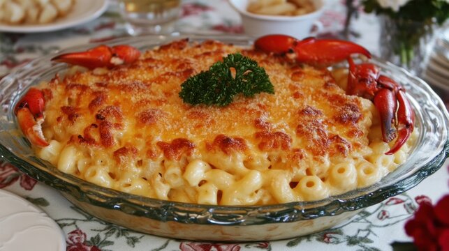 Crab Mac & Cheese, table setting, floral background, food photography