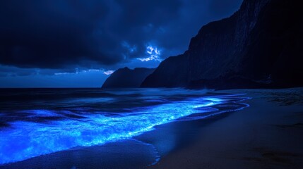 Naklejka premium Night beach bioluminescence, cliff backdrop, ocean waves