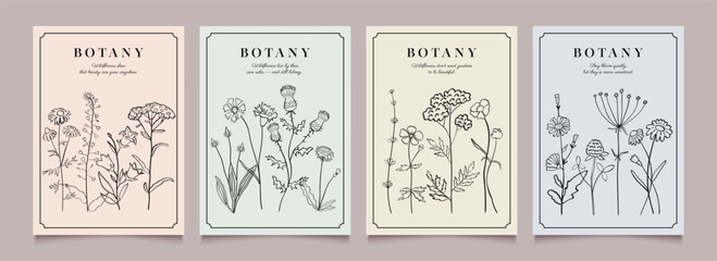 Flower and herb icon poster design. Abstract lines and plant elements. Minimalist botanical vector art. Modern backgrounds. Hand drawn illustration.