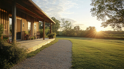 charming countryside house with large porch at golden hour
