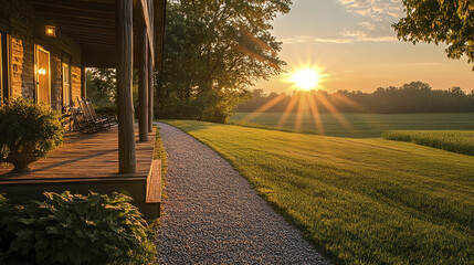 rustic porch overlooks sunlit field at golden hour, creating serene atmosphere