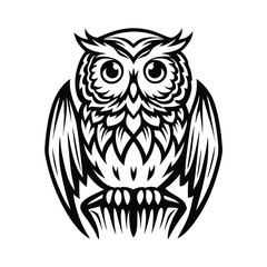 Stylized Owl Illustration, Black and White, Tribal Art, Detailed Design, Wings, Bird
