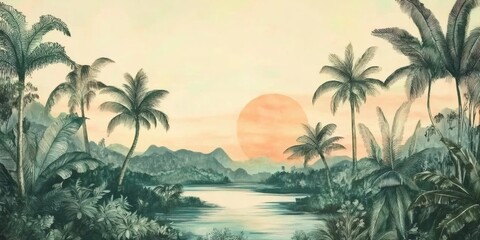 Wallpaper serene tropical landscape painting in pastel tones