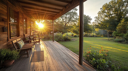 Cozy wooden porch at sunset with lush garden and warm sunlight