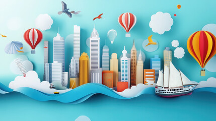A colorful paper-cut cityscape with hot air balloons and a sailboat over waves.