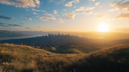 Sunrise cityscape panorama, hilltop view, golden hour