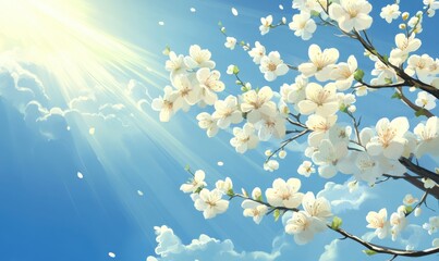 Blossoming cherry tree branches under a bright blue sky with sunlight and fluffy clouds