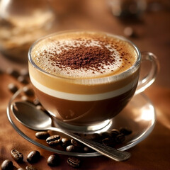 A glass cup showcasing a perfectly layered cappuccino, with rich espresso at the bottom and creamy foam on top, dusted lightly with cocoa powder