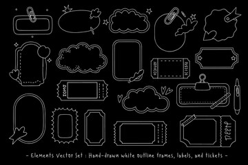 Hand-drawn white outline frames, labels, and tickets on a black background. Cute, whimsical shapes perfect for digital scrapbooking, journaling, stickers, and creative design projects.