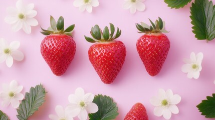 Pink background, three strawberries, flowers, food blog