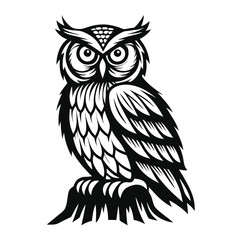 Stylized Owl Sitting with Large Eyes, Horned Head, Detailed Feathers in Black and White