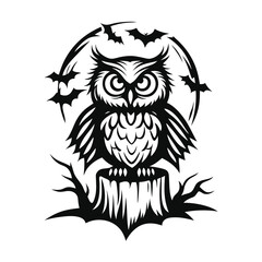 Stylized Owl Perched on Tree Stump Silhouette with Bats and Moon Outline Design