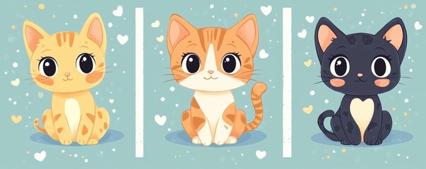 Three charming cat portraits created in pixel art illustration style