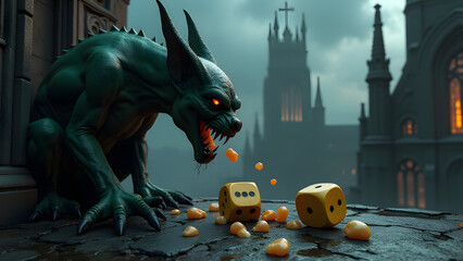 A gargoyle vomits stone dice onto a cathedral roof, cracking the ground. Stormy gothic backdrop. HD dark fantasy.