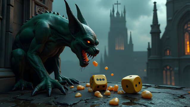 A gargoyle vomits stone dice onto a cathedral roof, cracking the ground. Stormy gothic backdrop. HD dark fantasy.