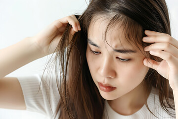 Naklejka premium Young woman with thinning hair touching her head, close-up photo on a white background. Asian female in a home environment using her hands to touch or finger through the bangs of her long