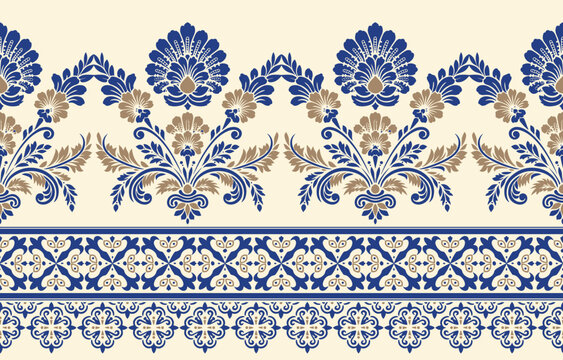 floral pattern vintage ethnic modern embroidery texture boho design vector illustration hand drawn pink flower motif branches leaves wallpaper seamless background border.