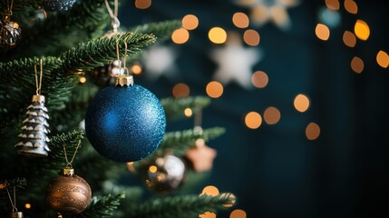 Fototapeta premium Close-up of a beautifully decorated Christmas tree featu a striking dark blue bauble surrounded by sparkling ornaments and warm bokeh holiday lights