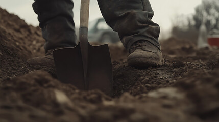 Construction worker digging a trench for plumbing pipes. Featuring trenching and plumbing installation