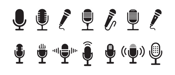 Microphone Icons set. Variant microphone icon. Karaoke mic, Podcast mike, journalist microphone, karaoke, conference. Vector Illustration 