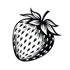 Stylized Strawberry Black and White Silhouette of a Berry with Seeds & Leaves