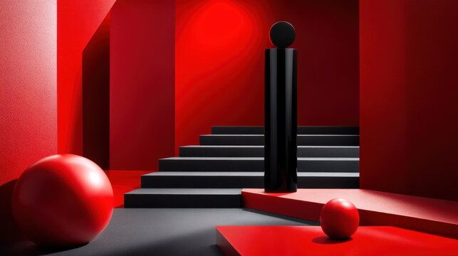 Red room, black cylinder, spheres, stairs, spotlight, product display
