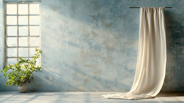 Empty room with large window, light cream linen curtain, and textured light blue wall
