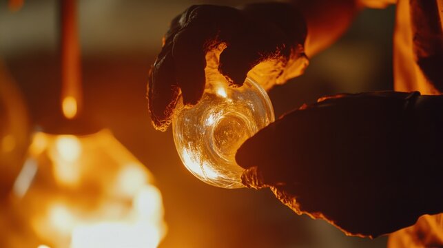 A glassblower shaping molten glass with expert hands. Featuring craftsmanship and artistry