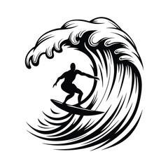 Stylized Surfer Silhouette Riding a Black Wave, Isolated Against White Backdrop