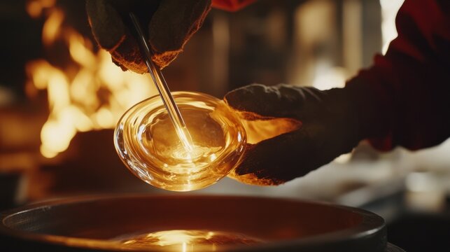 A glassblower shaping molten glass with expert hands. Featuring craftsmanship and artistry