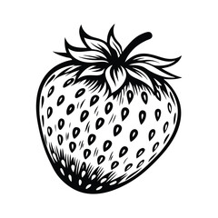 Stylized Strawberry, Black and White Illustration, Berry with Seeds and Leaves, Outline