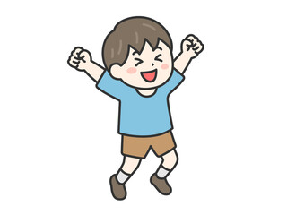 喜んで飛び跳ねる、男の子（線画カラー）のイラスト