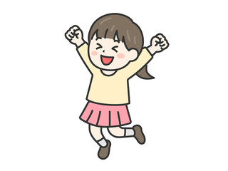 喜んで飛び跳ねる、女の子（線画カラー）のイラスト