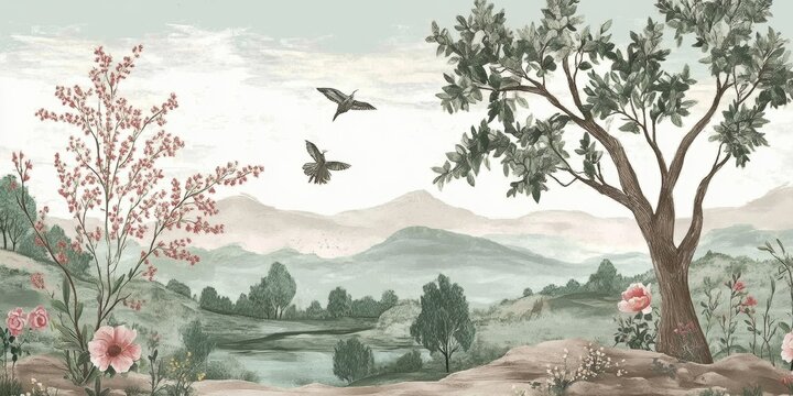 Wallpaper serene tropical landscape painting in pastel tones