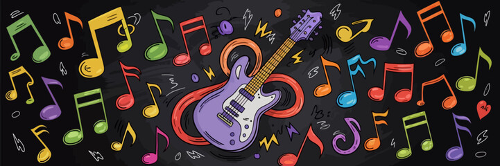 Colorful Musical Notes with Electric Guitar – Fun Hand-Drawn Vector on Black Background